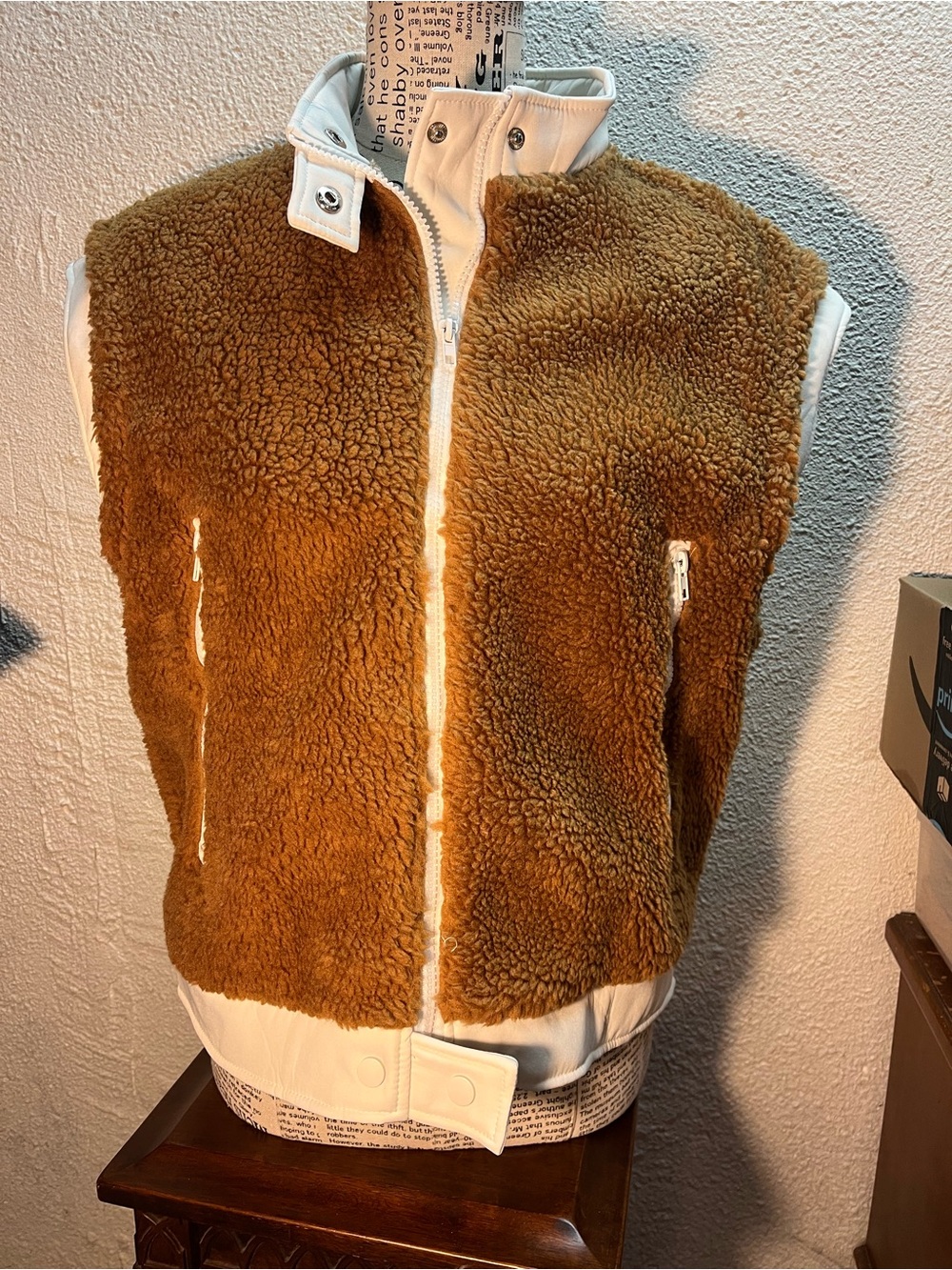 NWT Brown Sherpa Zip Vest with White Trim